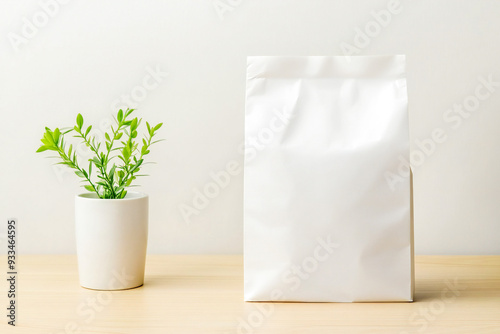 white paper bag mockup , on a beige wooden table clean white background