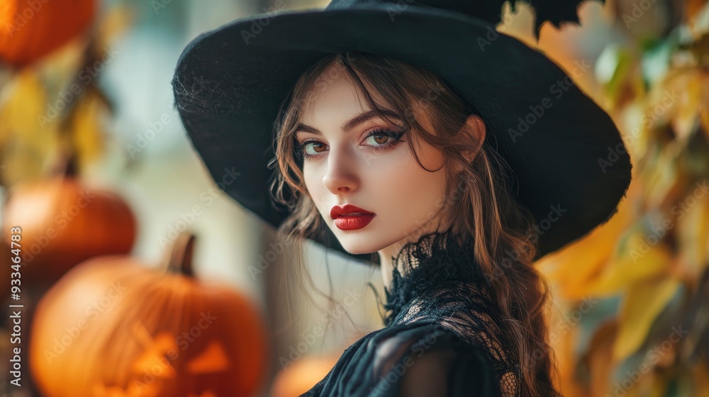 Beautiful young woman in witch costume on halloween party. Holiday event halloween banner background concept with generative ai