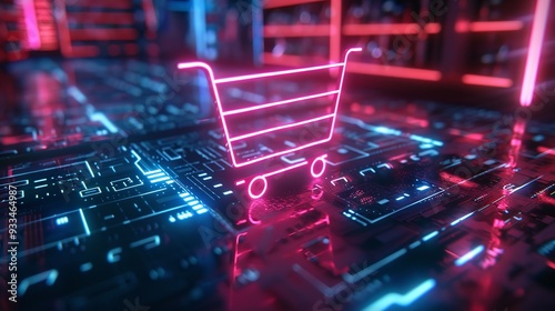 A futuristic online shopping background featuring a holographic shopping cart icon with holographic code elements, symbolizing the cutting-edge technology behind e-commerce platforms.