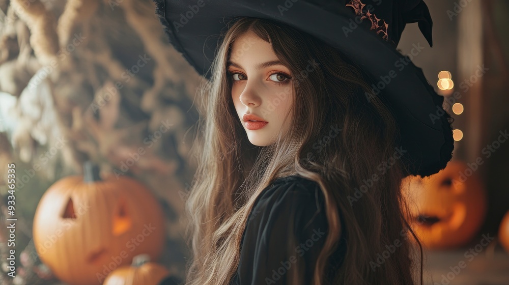 Beautiful young woman in witch costume on halloween party. Holiday event halloween banner background concept with generative ai
