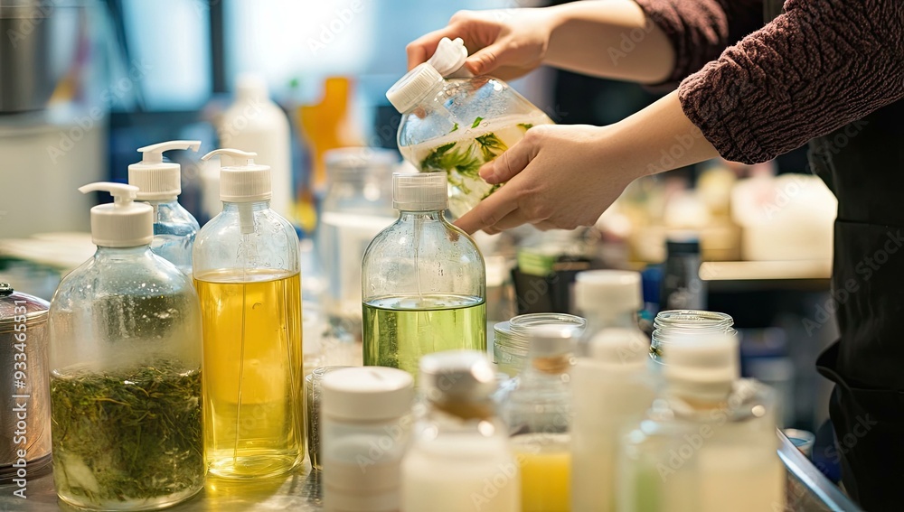 Person pouring liquid from bottle into other bottles.