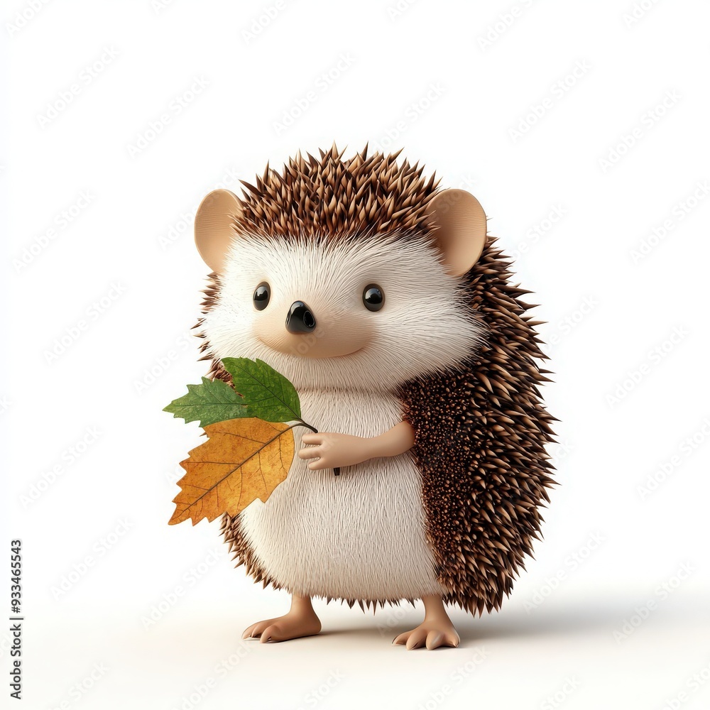 Obraz premium A cute and playful hedgehog holding a colorful leaf, perfect for nature and animal-themed projects.