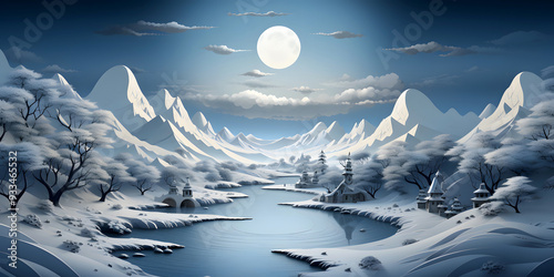 3d White, Blue Papercut Art: Snowy Mountain Landscape with Sun, Cherry Blossoms. And Minimalist Winter Scenes of Nature Scene Papercraft Snowy Mountain River, Lake Forest Skyview Landscape Background