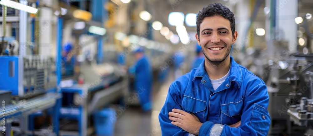 Worker in blue workwear, smiling with arms crossed, production line backdrop, photorealism style. Worker in blue workwear, smiling with arms crossed, production line backdrop, photorealism style.