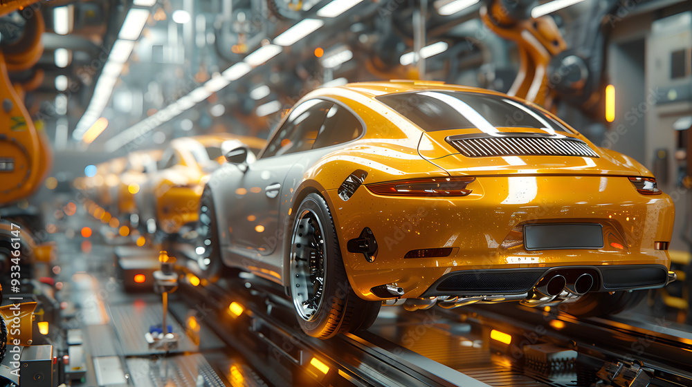 Closeup of a car frame on a production line in an advanced factory, with robotic arms performing automated assembly tasks Closeup of a car frame on a production line in an advanced factory, with robotic arms performing automated assembly tasks