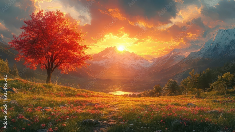 Fototapeta premium majestic mountain range at sunset vibrant hues painting the sky lush green valley in foreground serene atmosphere photorealistic style