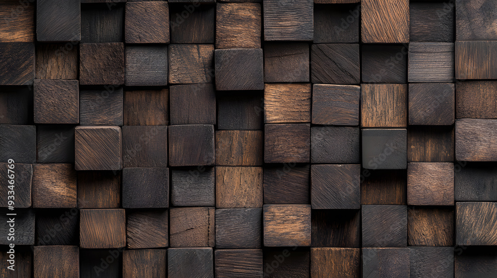 The wall is adorned with a meticulously arranged grid of square wooden blocks, each showcasing a unique natural texture and tone. The wall is adorned with a meticulously arranged grid of square wooden blocks, each showcasing a unique natural texture and tone.