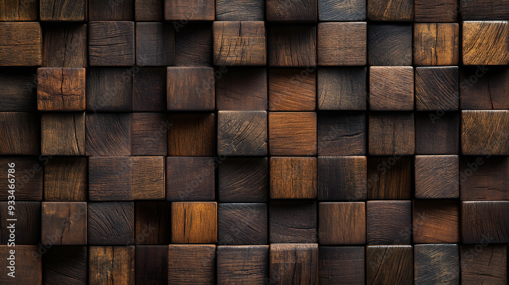 A meticulously arranged wall composed of square wooden blocks. A meticulously arranged wall composed of square wooden blocks.