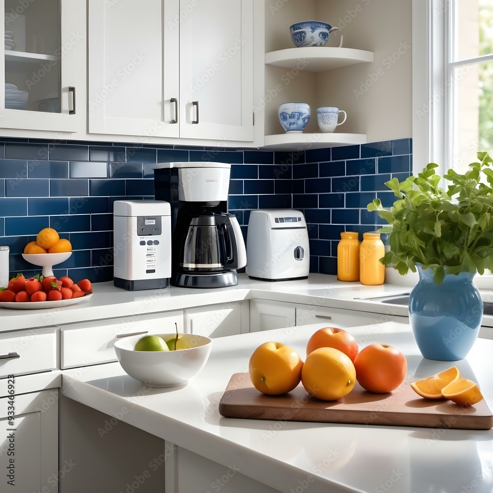 A neatly arranged blue and white kitchen countertop with a fresh fruit bowl, a cutting board with sliced vegetables, and a coffee maker.
AI generated A neatly arranged blue and white kitchen countertop with a fresh fruit bowl, a cutting board with sliced vegetables, and a coffee maker.
AI generated