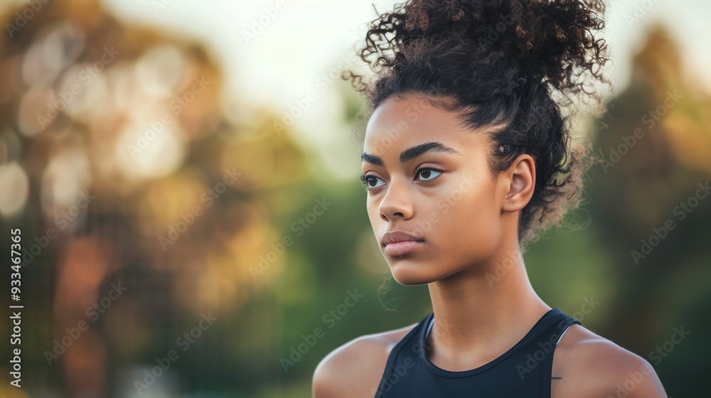 A young woman with curly hair in a black tank top looks off to the side. A young woman with curly hair in a black tank top looks off to the side.
