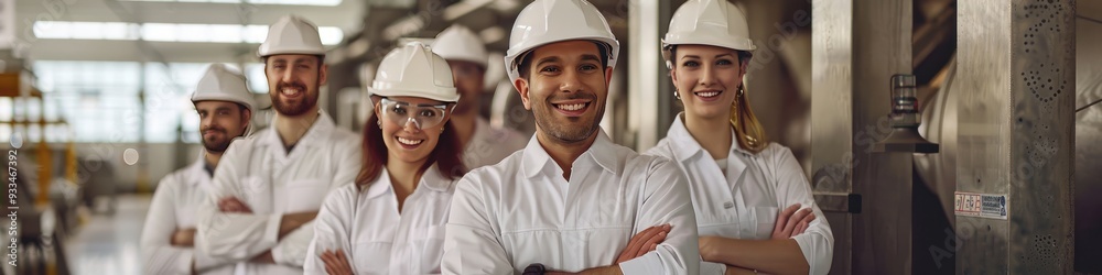 Workers in white safety helmets, diverse team, industrial factory, smiling, arms crossed, team unity. Workers in white safety helmets, diverse team, industrial factory, smiling, arms crossed, team unity.