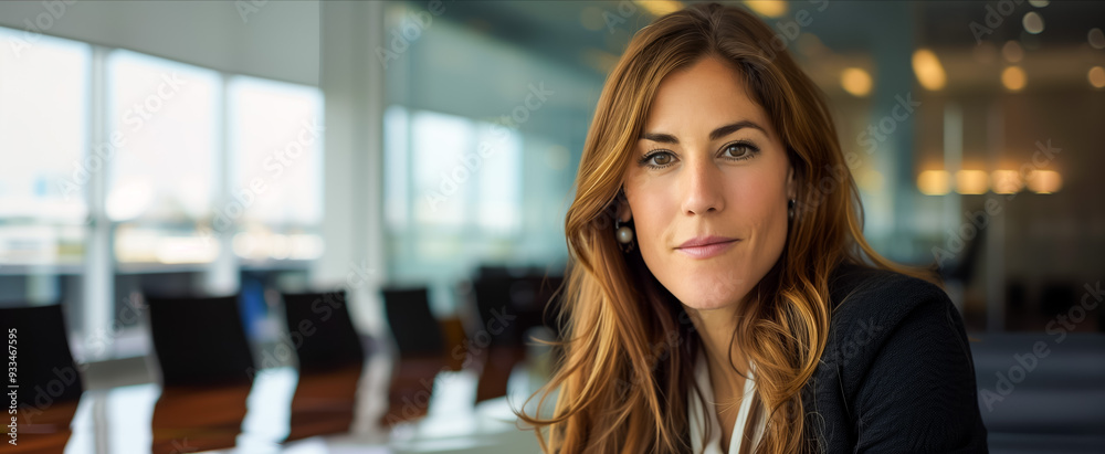 Confident businesswoman with long hair in a modern office setting Confident businesswoman with long hair in a modern office setting