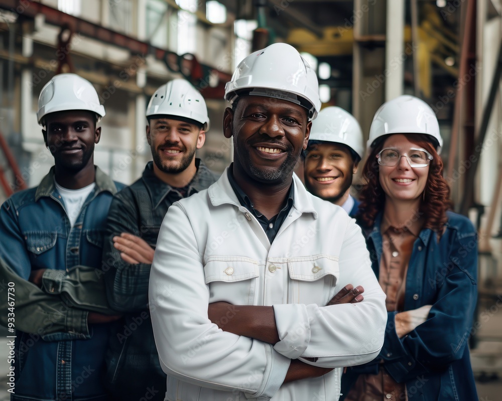 Workers with white helmets, diverse team, industrial setting, smiling, arms crossed, unity concept. Workers with white helmets, diverse team, industrial setting, smiling, arms crossed, unity concept.