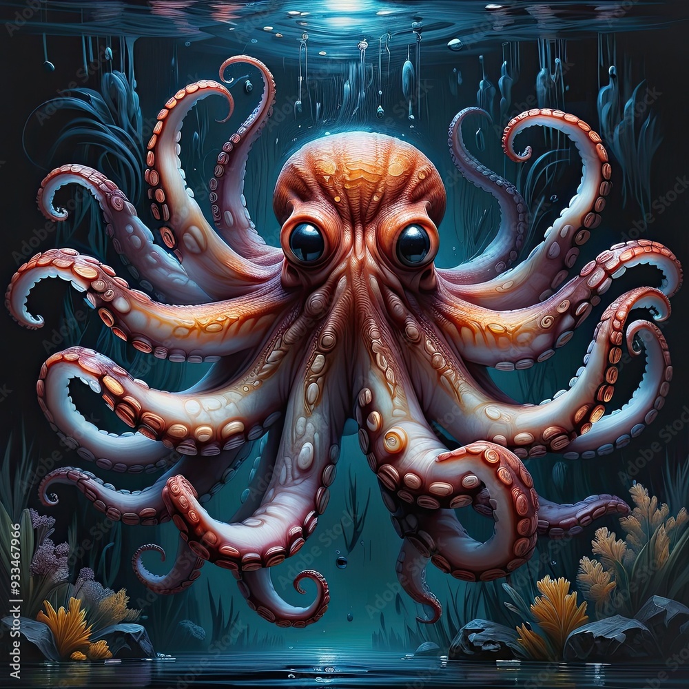 Obraz premium Ocean's Mystical Eye: A mesmerizing digital illustration of a captivating octopus, its large, expressive eyes peering from the depths, its tentacles swirling gracefully through the water. The artwork'