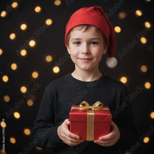 Boy in Christmas hat holding gift box on dark festive background with golden bokeh