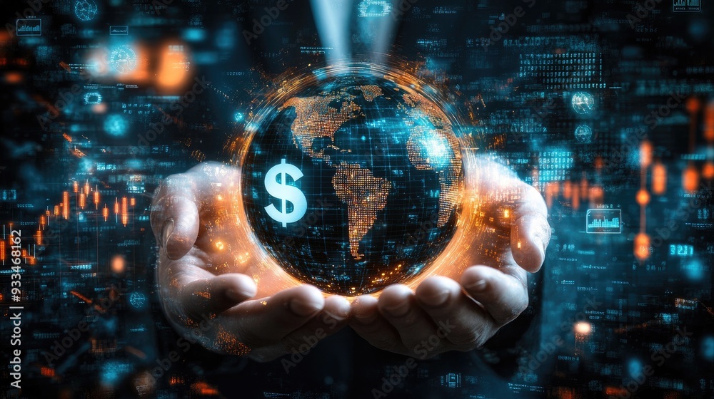 A globe formed by currency symbols and gears rests in a pair of hands, with a background of financial charts and data streams. A globe formed by currency symbols and gears rests in a pair of hands, with a background of financial charts and data streams.