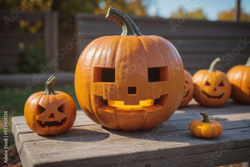 halloween concept, pumpkin lantern with glowing eyes on wooden bench on creepy horror style background