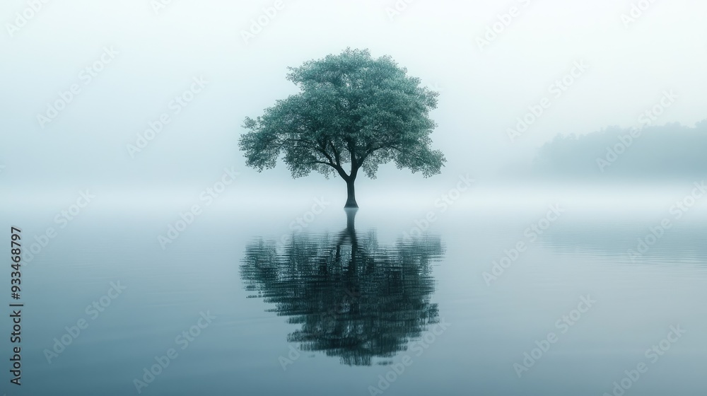 A lonely tree grows in the middle of a mirror-like lake, its reflection perfectly mirrored on the calm water, surrounded by a foggy environment. A lonely tree grows in the middle of a mirror-like lake, its reflection perfectly mirrored on the calm water, surrounded by a foggy environment.