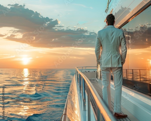 Yacht with rich man in white suit, standing on deck, sunset at sea, back view, copy space.