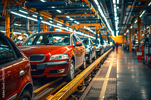 A vibrant automotive factory assembly line with a red car in production, highlighting advanced manufacturing and industrial technology