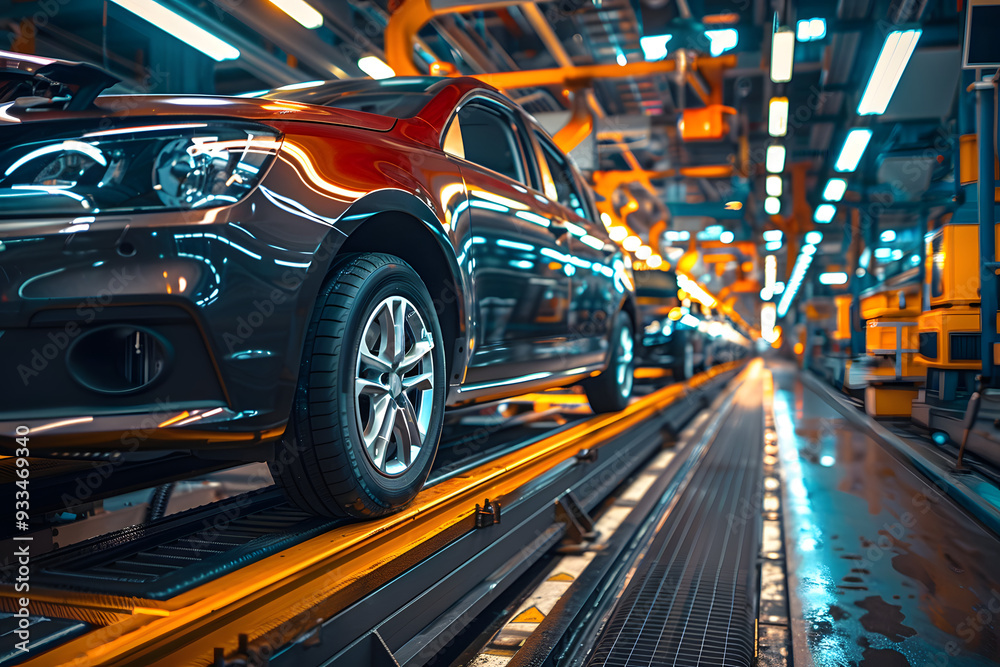 A vibrant automotive factory assembly line with a red car in production, highlighting advanced manufacturing and industrial technology A vibrant automotive factory assembly line with a red car in production, highlighting advanced manufacturing and industrial technology