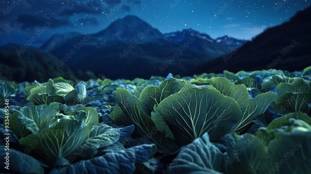 Obraz premium A cabbage field at night with lush green leaves under a starry sky, framed by the silhouette of distant mountains.