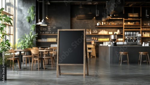 Cozy Modern Cafe Interior with Wooden Furniture and Blank Chalkboard