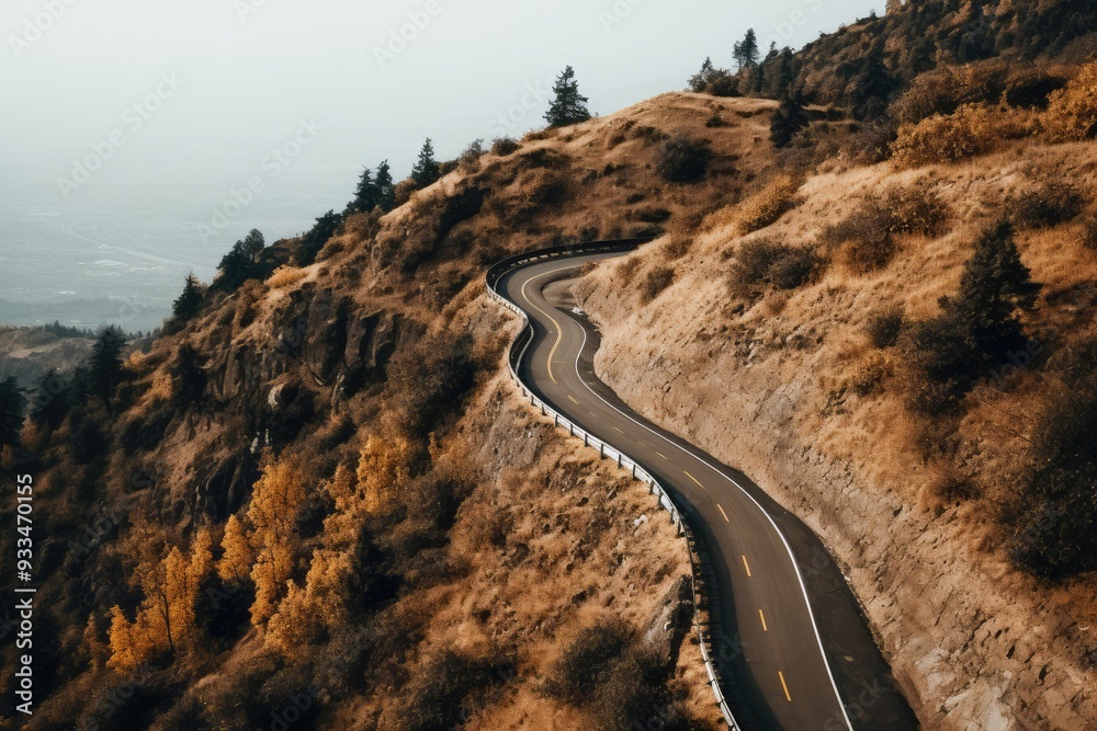 Aerial view of curvy asphalt road with fallen leaves in beautiful ...