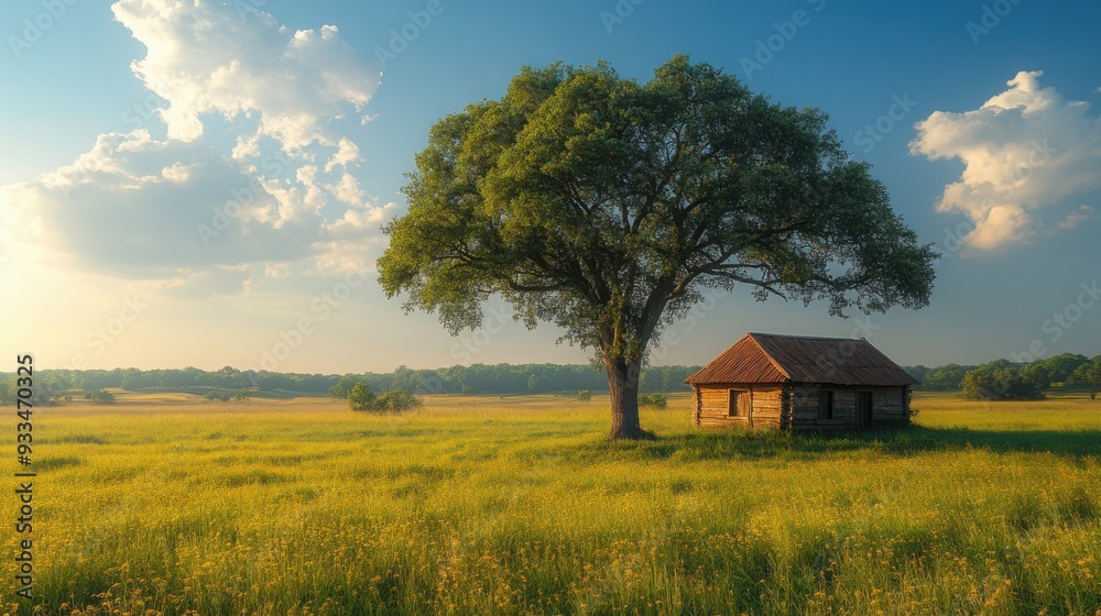 Fototapeta premium A serene landscape featuring a rustic house and a large tree.