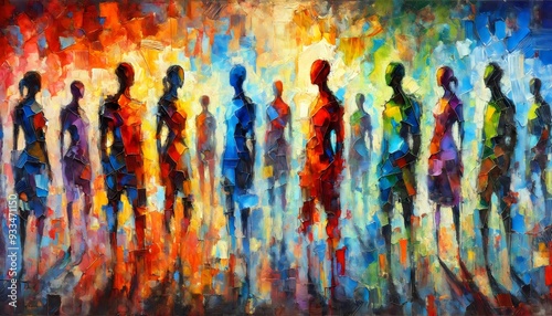 This vivid abstract artwork portrays a group of figures standing together, each unique yet harmoniously integrated into a vibrant collective