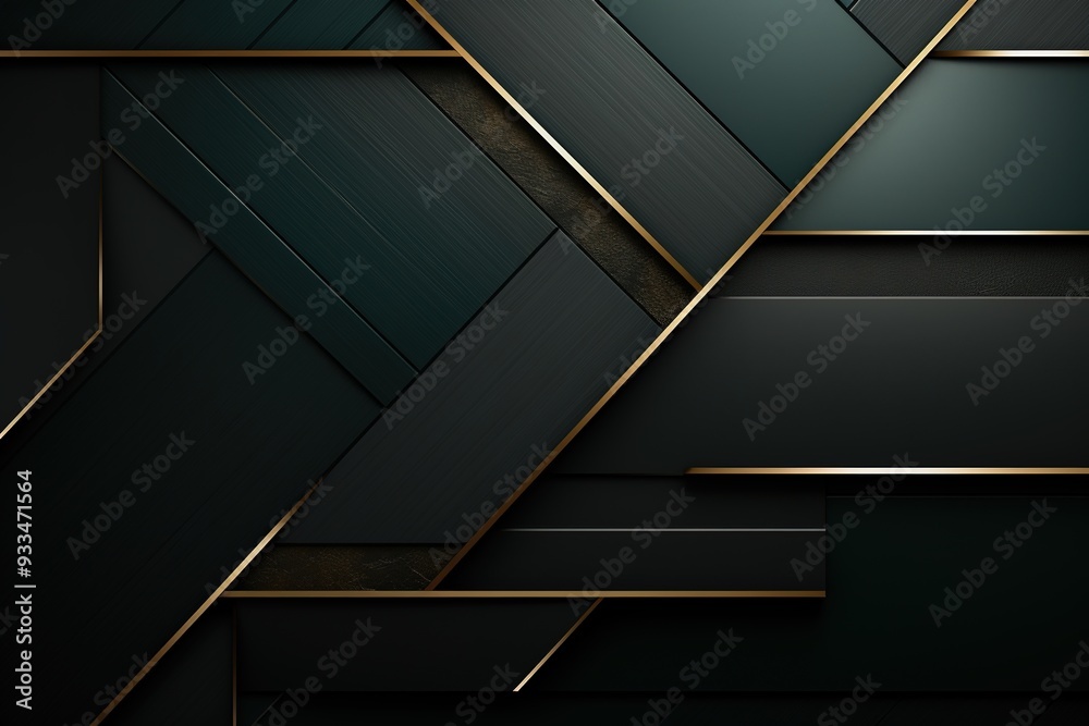 Abstract black and gold geometric background with layered shapes.