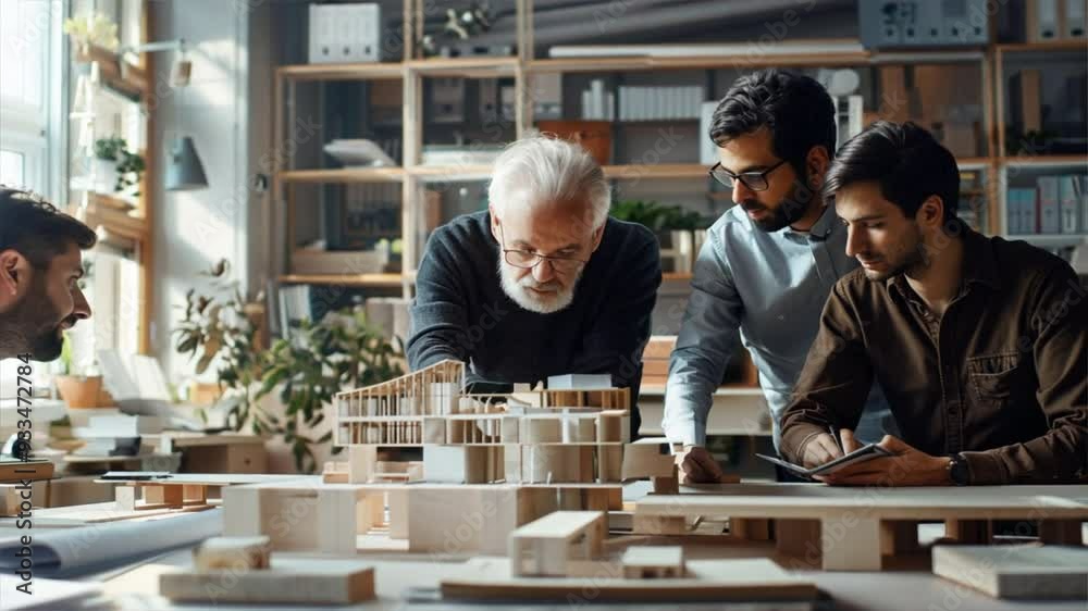 Three men are working on a project in a room with a lot of books. Scene is focused and serious as the men are deeply engaged in their work Three men are working on a project in a room with a lot of books. Scene is focused and serious as the men are deeply engaged in their work