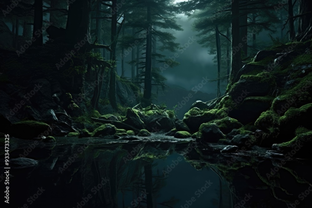 Obraz premium Calm swampy river among old creepy trees in dark forest at night with full moon. Scary Halloween concept. Dark and mysterious background for banner, poster, wallpaper