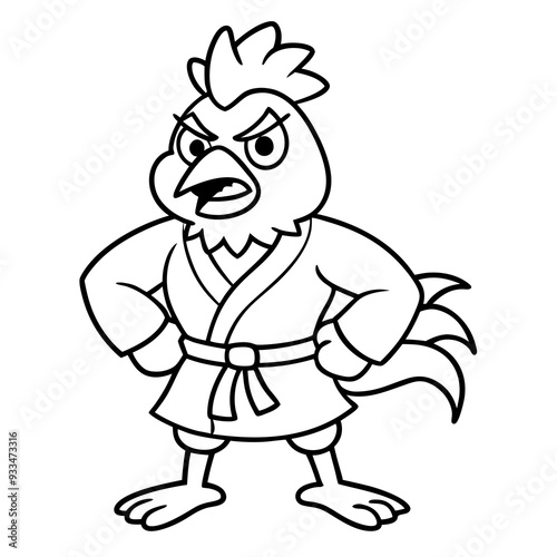 Angry Karate chicken White Background line art vector illustration