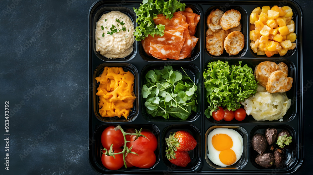 Serving tray with delicious food on table. 