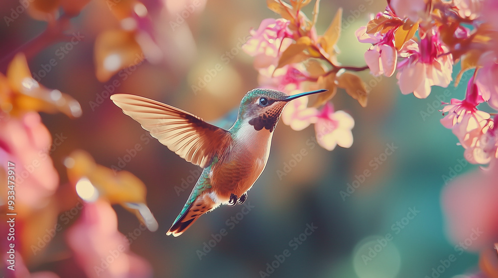 Hummingbird in Flight with Pink Flowers. Hummingbird in Flight with Pink Flowers.