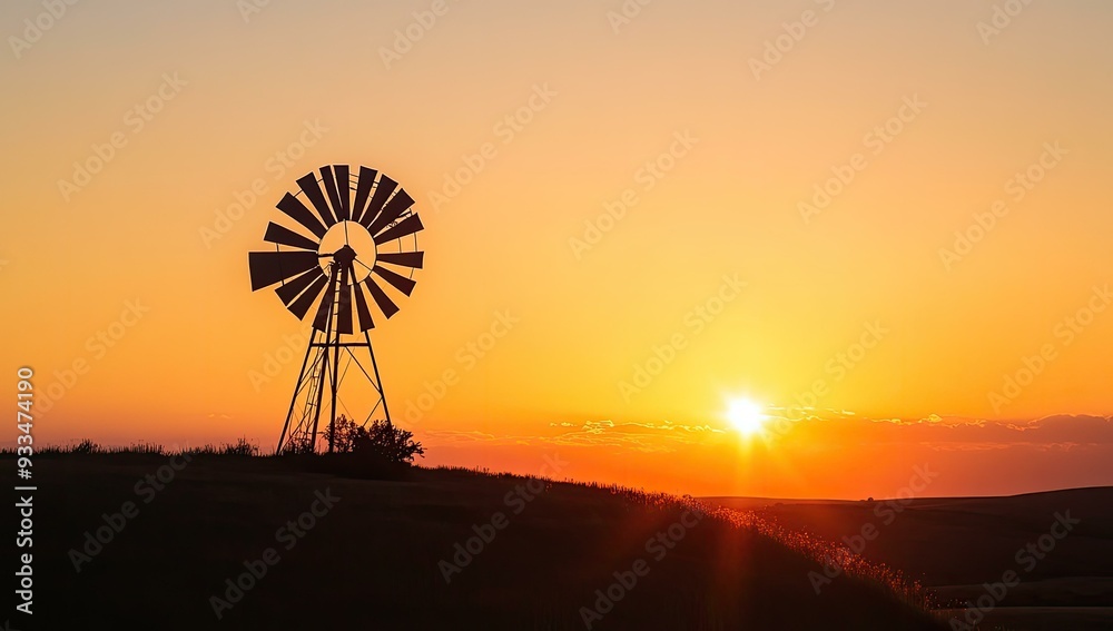 Silhouetted windmill at sunset over a field. Silhouetted windmill at sunset over a field.