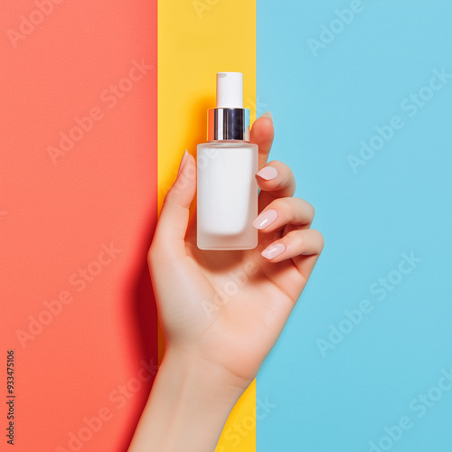 Woman's Hand Holding a White Bottle of Serum Against a Colorful Background.
