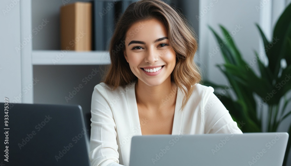 Close up portrait of young beautiful woman smiling while working with laptop in office_2 Generative AI Close up portrait of young beautiful woman smiling while working with laptop in office_2 Generative AI
