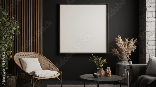 Modern Living Room with Black Walls and Wooden Accents.