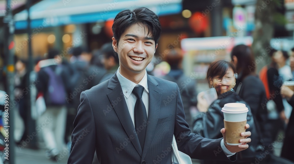 Young Asian male in suit, smiling, holding coffee cup, walking on street, people in background. Young Asian male in suit, smiling, holding coffee cup, walking on street, people in background.