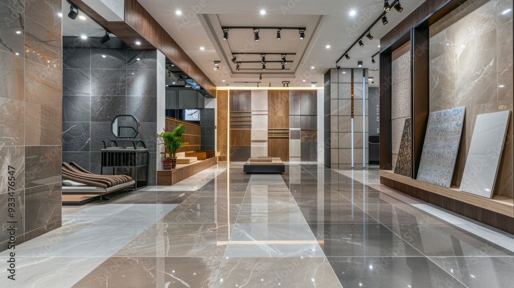 Wide shot of a tile showroom with tiled walls and flooring displays. Wide shot of a tile showroom with tiled walls and flooring displays.