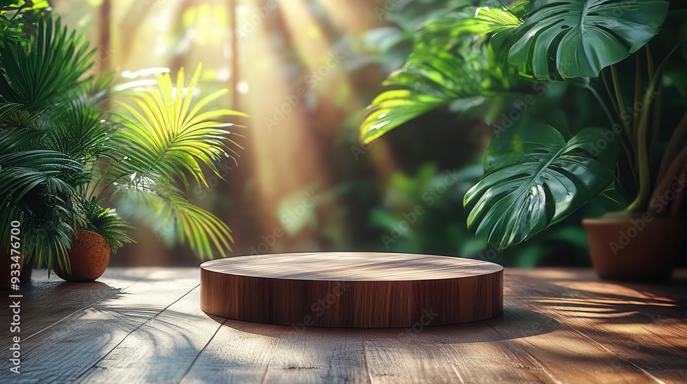 minimalist wooden podium with sleek lines set against soft focus tropical backdrop sunlight filtering through palm leaves casting dappled shadows creating an elegant product display minimalist wooden podium with sleek lines set against soft focus tropical backdrop sunlight filtering through palm leaves casting dappled shadows creating an elegant product display