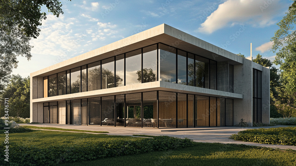 Modern architectural design with large glass windows and concrete structure, surrounded by greenery, evokes sense of tranquility and sophistication. Modern architectural design with large glass windows and concrete structure, surrounded by greenery, evokes sense of tranquility and sophistication.