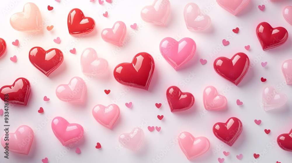 Romantic pattern of red and pink hearts with a soft glow on a white background Romantic pattern of red and pink hearts with a soft glow on a white background