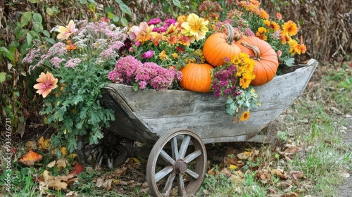 Rustic wheelbarrow with fall flowers and pumpkins. Generation Ai