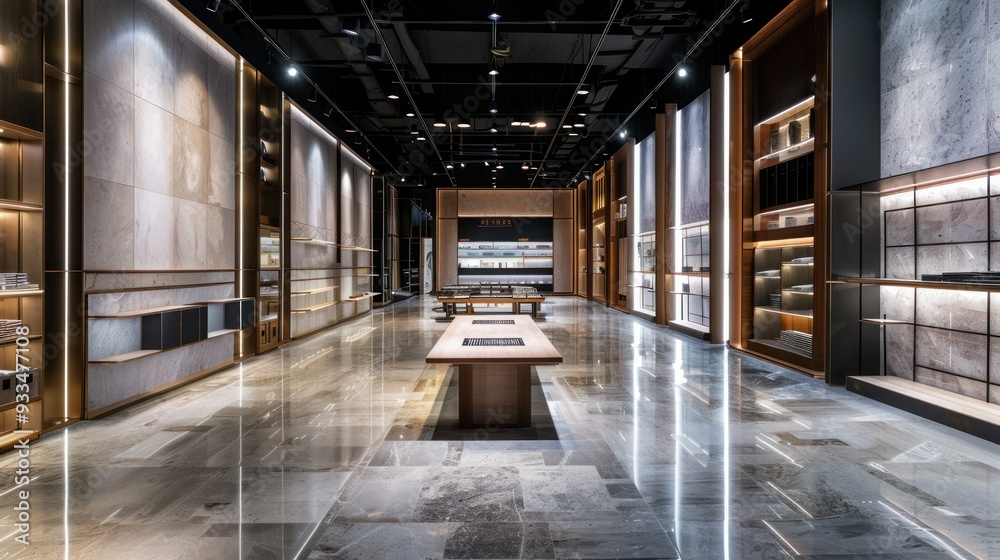 Wide shot of a tile showroom with tiled walls and flooring displays. Wide shot of a tile showroom with tiled walls and flooring displays.