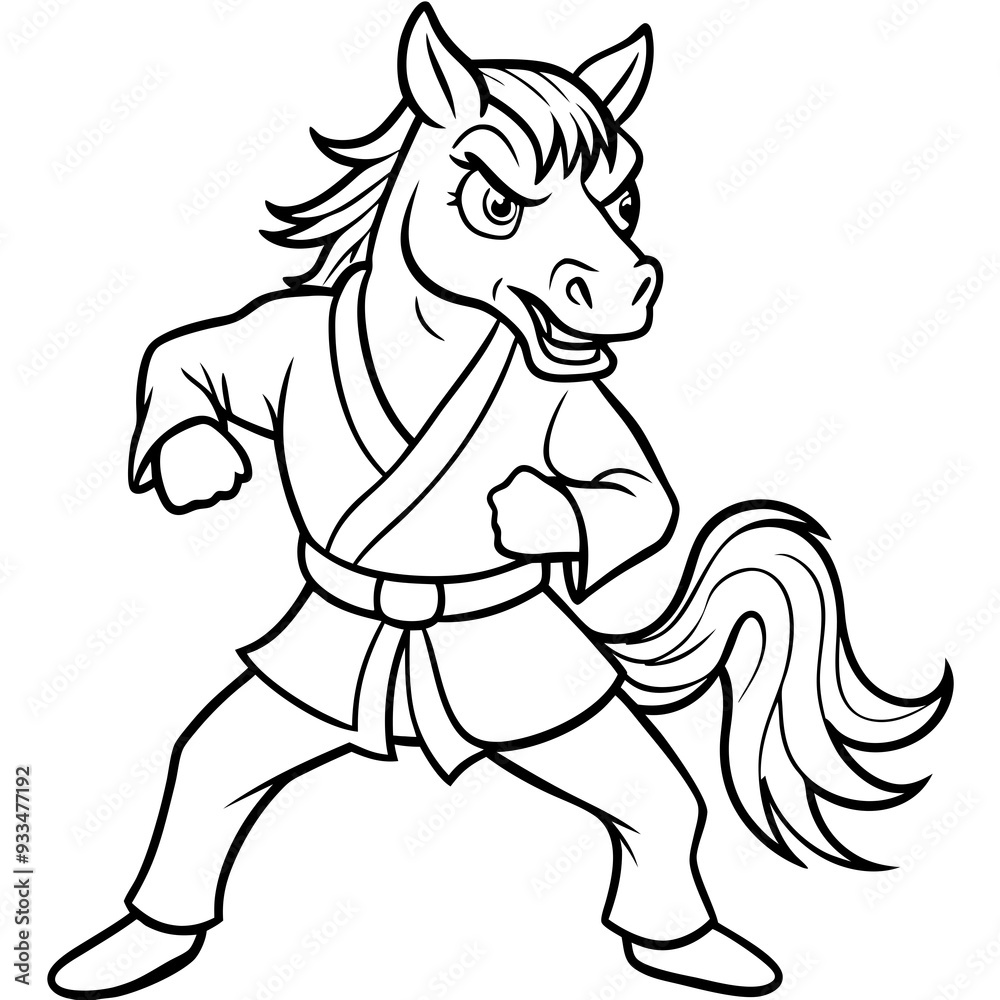 Fototapeta premium Angry Karate horse White Background line art vector illustration