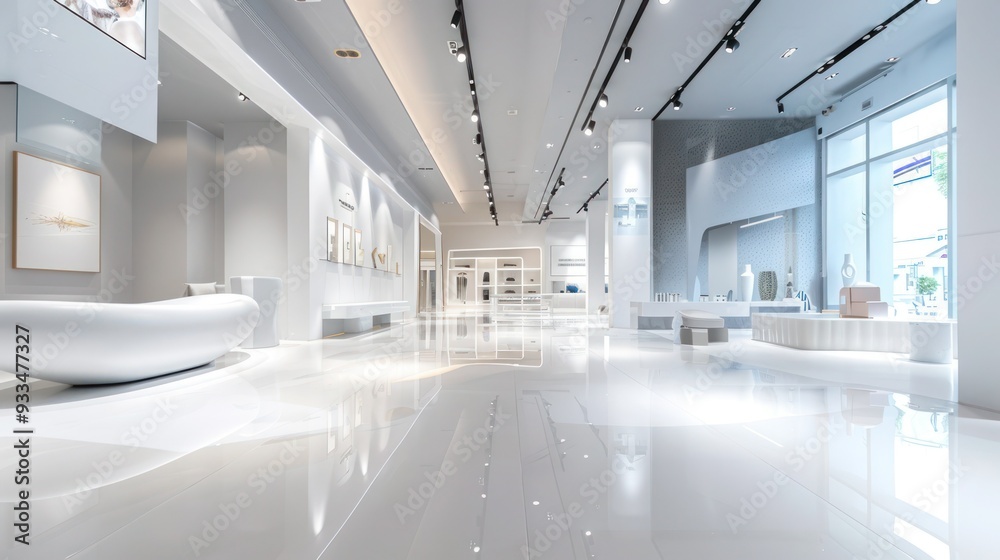 Wide-angle view of a pristine white showroom with neutral-toned accents Wide-angle view of a pristine white showroom with neutral-toned accents
