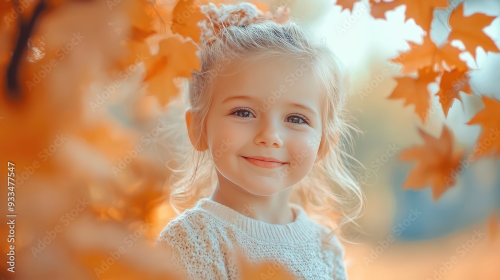 Cute happy little girl playing with birch leaves in autumn park. Generation Ai Cute happy little girl playing with birch leaves in autumn park. Generation Ai